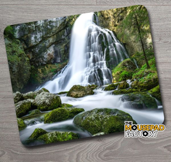 Scenic Mossy Forest Waterfall Mouse Pad